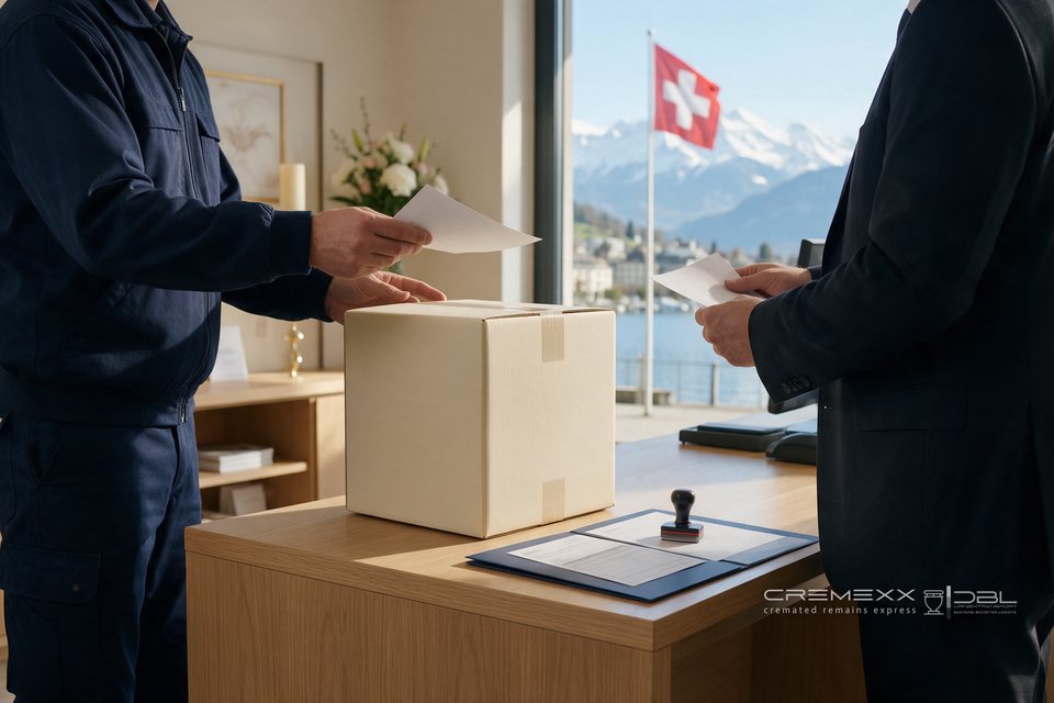 Übergabe von Zollpapieren und einer Urnen-Transportbox in einem Schweizer Bestattungsinstitut, draußen See, Alpen und Schweizer Flagge