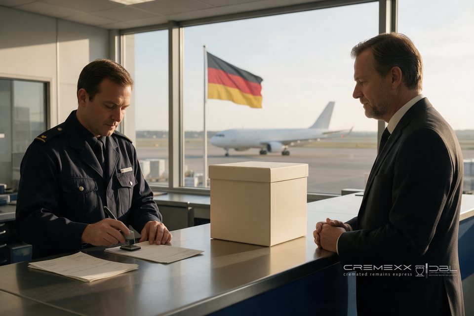Zollabfertigung einer eingetroffenen Urnen-Transportbox am deutschen Luftfrachtterminal, draußen die deutsche Flagge