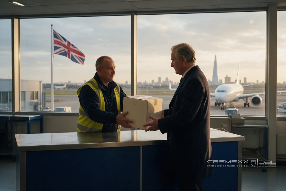 Ein Bestatter übernimmt eine Urnen-Transportbox am Ausgabeschalter eines Londoner Luftfrachtterminals, draußen Union Jack und Skyline