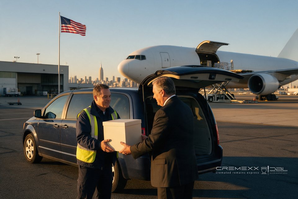 Übergabe einer Urnen-Transportbox an einen Bestatter auf dem Vorfeld, im Hintergrund US-Flagge, Frachtflugzeug und Skyline von New York