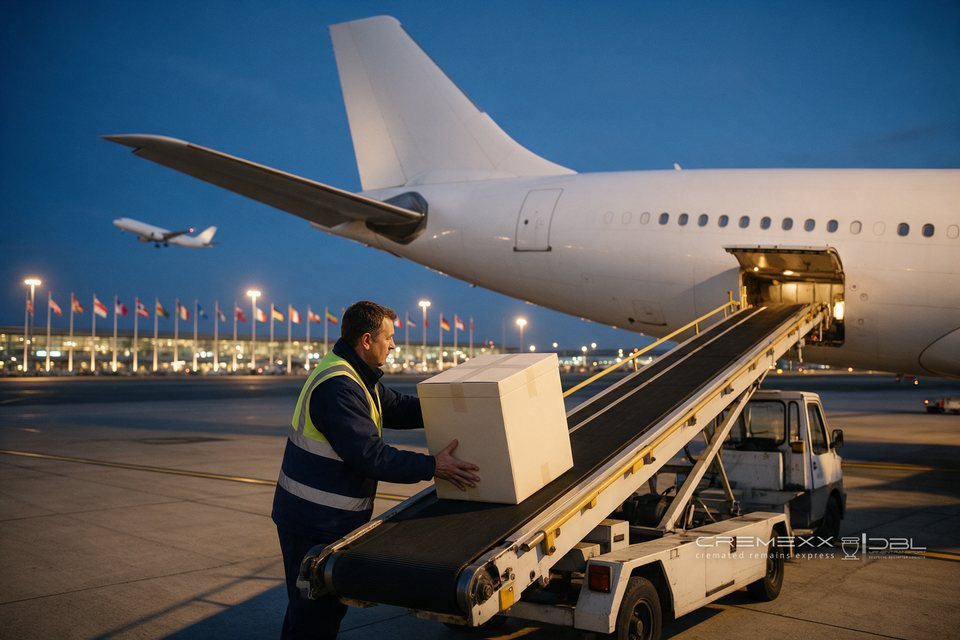 Eine Urnen-Transportbox wird über ein Förderband in den Frachtraum eines Flugzeugs geladen, im Hintergrund Nationalflaggen vor dem Terminal