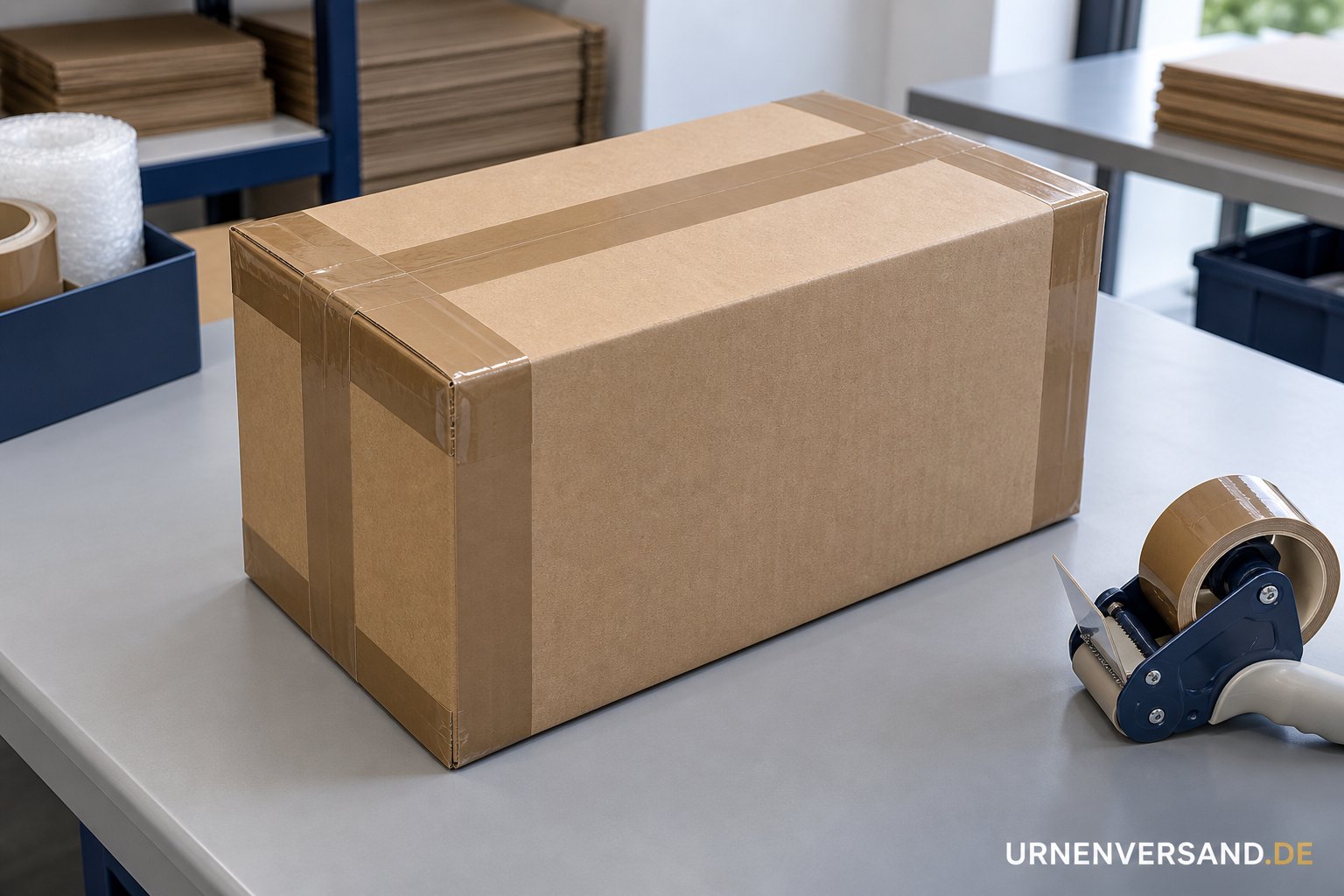 Neutraler Au&szlig;enkarton, mit widerstandsf&auml;higem Paketband in H-Form verschlossen