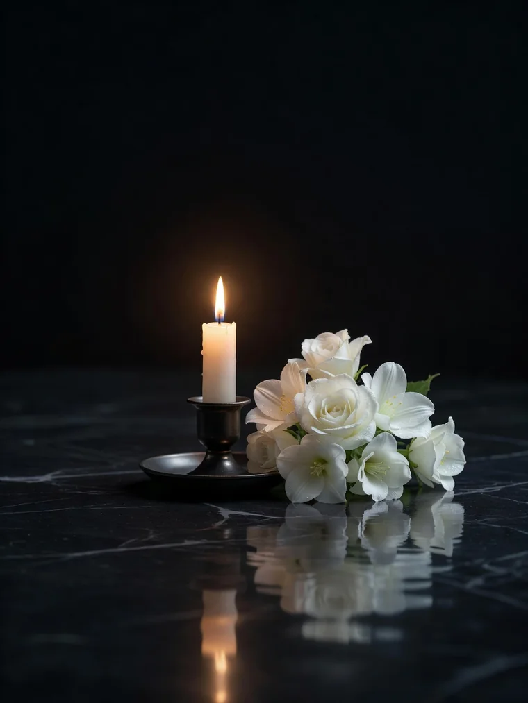Brennende Gedenkkerze mit wei&szlig;en Blumen &ndash; w&uuml;rdevolle Trauerbegleitung
