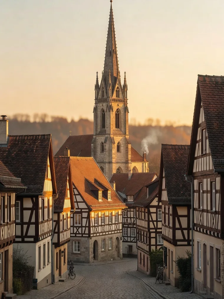 Kleine deutsche Stadt mit Kirchturm im Abendlicht &ndash; Bestatter vor Ort in ganz Deutschland