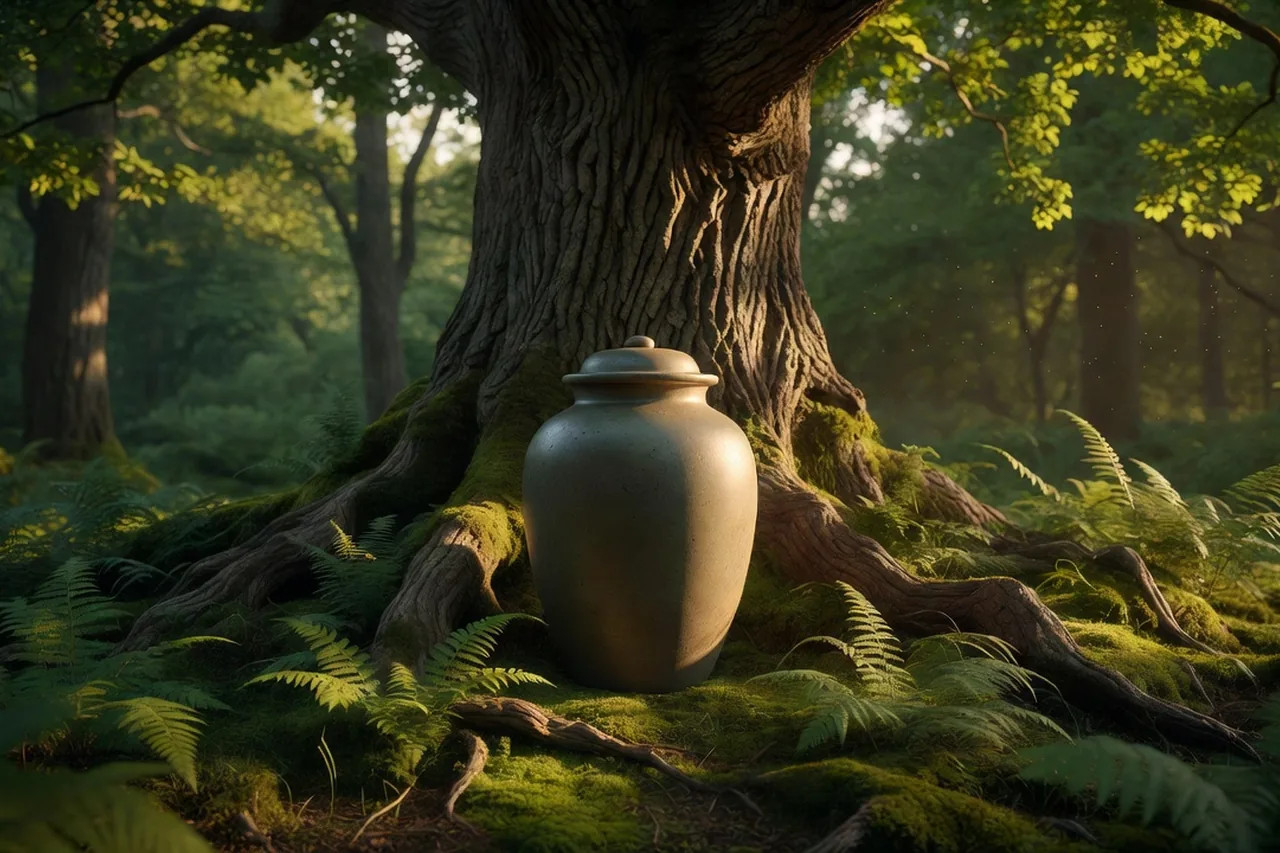 Würdevolle Urne an einem alten Baum im sonnigen Wald – CREMEXX® Baum- und Waldbestattung