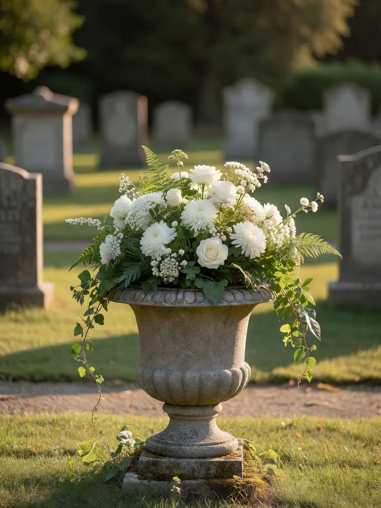 Schmuck-Steinurne mit weißen Blumen auf einem gepflegten Friedhof – Urnengrab