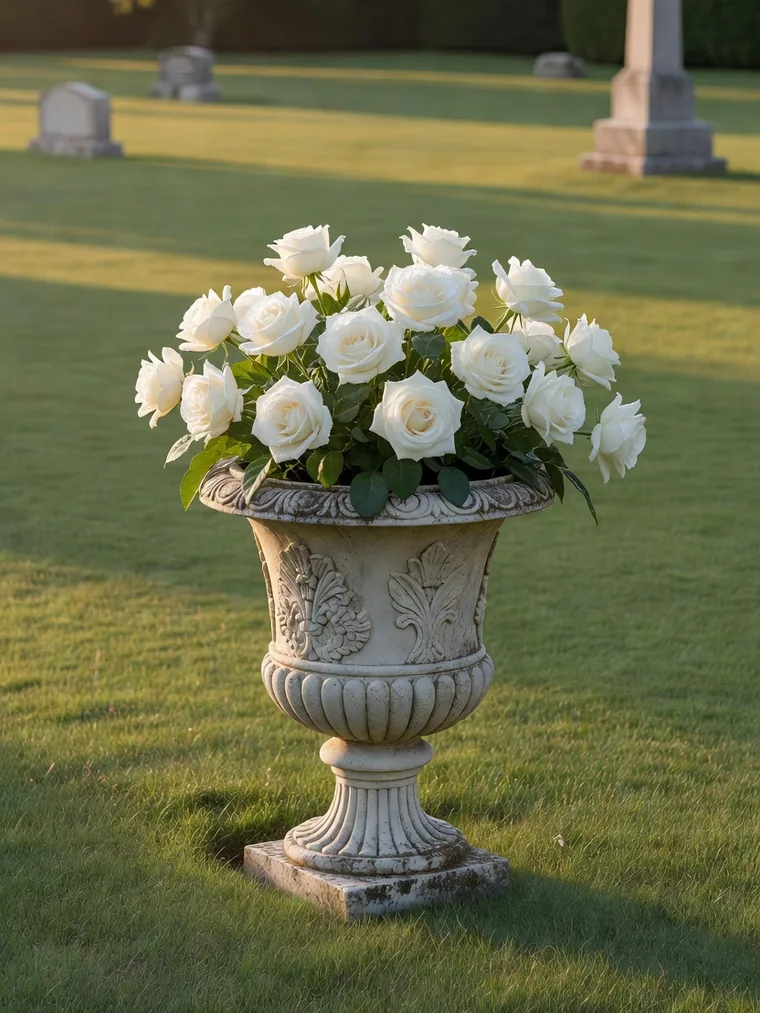 Steinurne mit weißen Rosen auf einer ruhigen Friedhofswiese