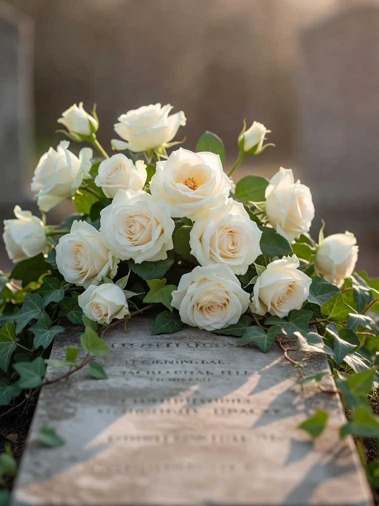 Weiße Rosen und Efeu auf einem ruhigen Grab im warmen Licht