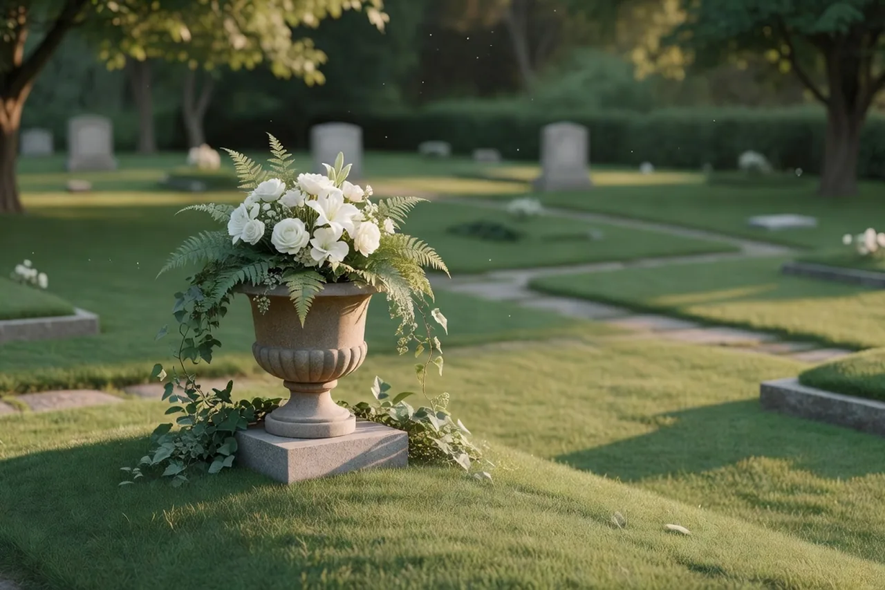 Urnengrab mit weißen Blumen auf einem ruhigen Friedhof – CREMEXX®