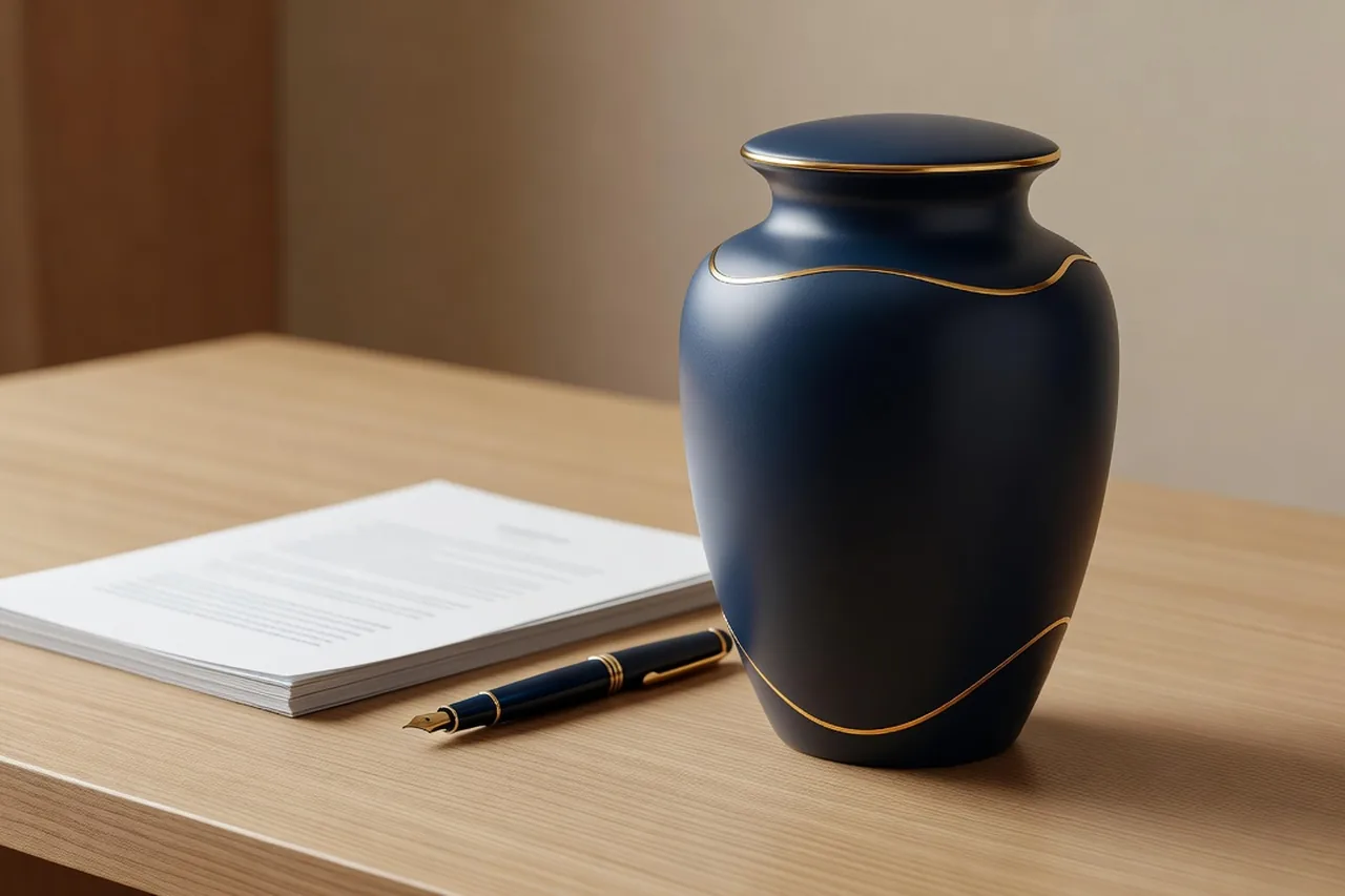 Würdevolle Urne mit Dokumenten und Füller auf einem Schreibtisch – transparente Kosten der Urnenüberführung mit CREMEXX®