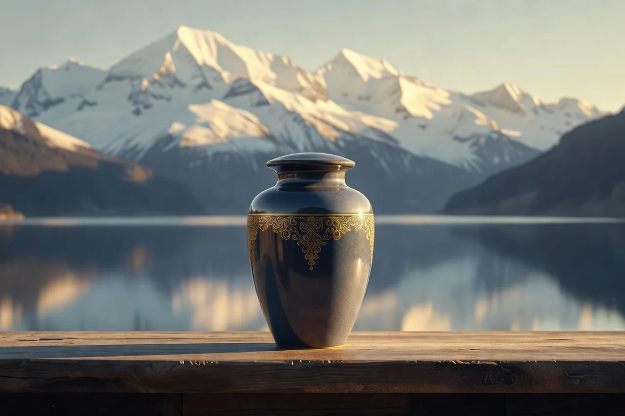 W&uuml;rdevolle Urne mit Goldverzierung vor den schneebedeckten Schweizer Alpen und einem Bergsee &ndash; Urnen&uuml;berf&uuml;hrung in die Schweiz mit CREMEXX&reg;